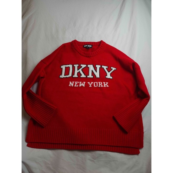 Dkny Sweaters - DKNY Jeans Sweater‎ Womens M Red Knit Logo New York Graphic Oversized Pullover